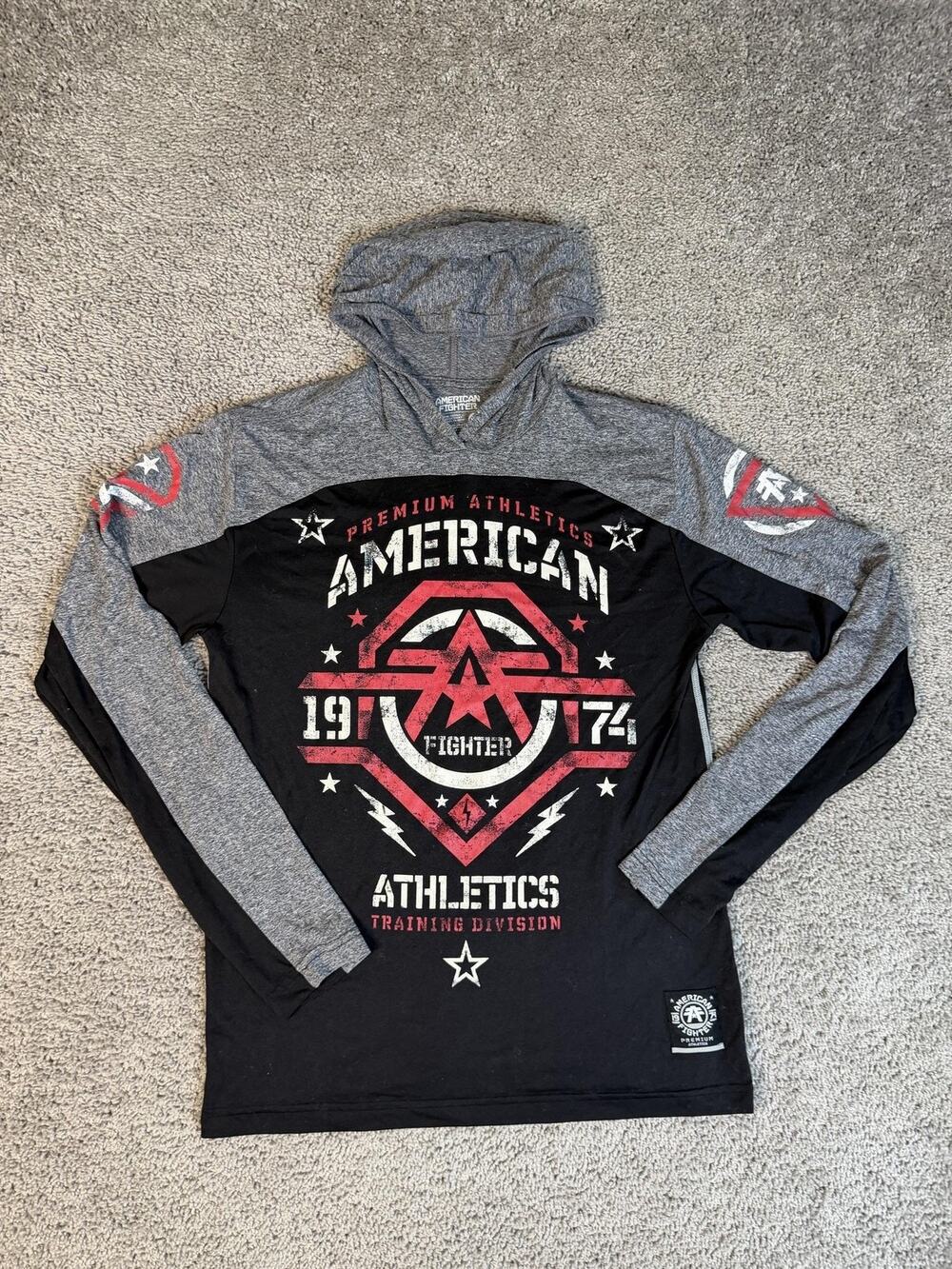 American Fighter Shirt Mens M Black Hooded Long Sleeve Graphic Crew Neck
